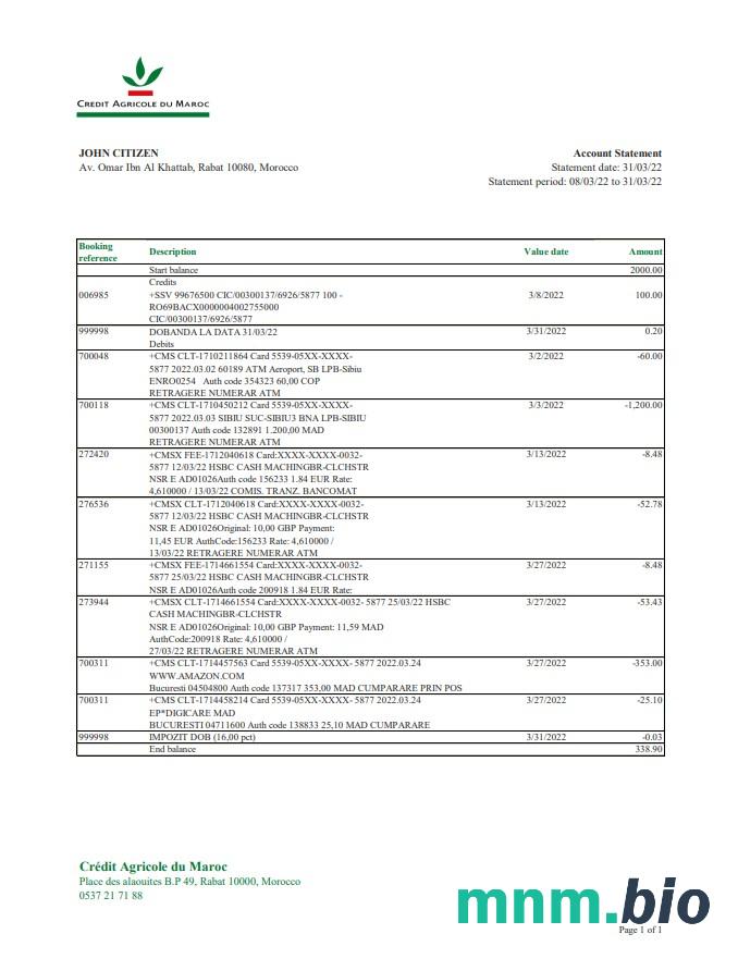 Szablon wyciągu bankowego Morocco Credit Agricole w formacie Word i PDF, dobry na dowód adresu